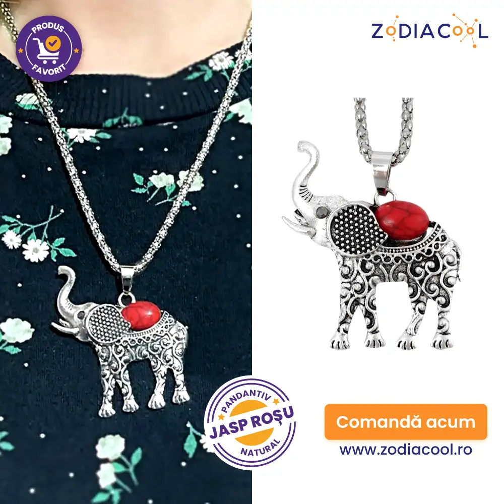 Colier cu pandantiv elefant cu trompa in sus si piatra jasp rosu