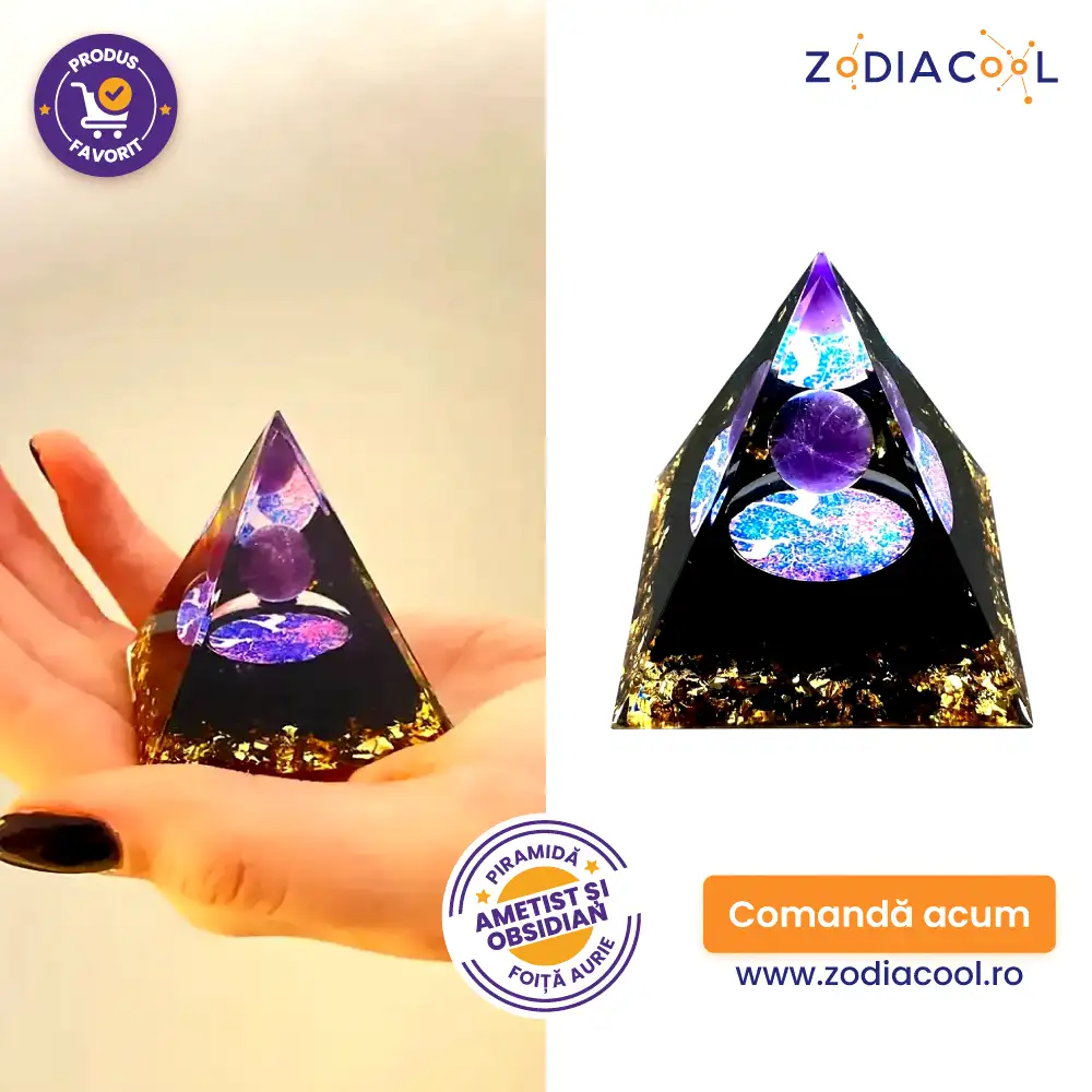 Piramida orgonica cristale Ametist și Obsidian