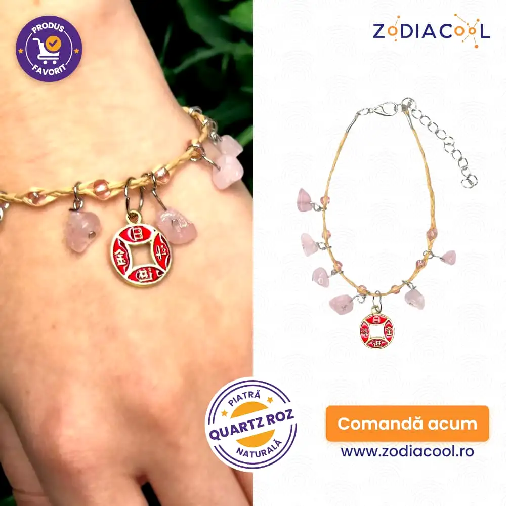 Brățară Boho Cuarț roz cu ideograma prosperității