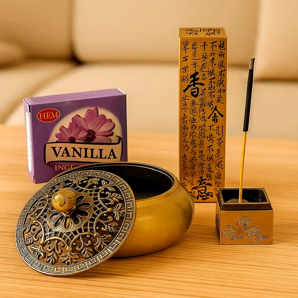 Set cadou doua suporturi de conuri din metal cu mantre fericire si conuri parfumate aroma de Vanilie