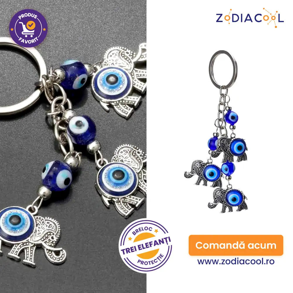 Breloc 3 elefanți cu trompa în sus si ochi albastru norocos