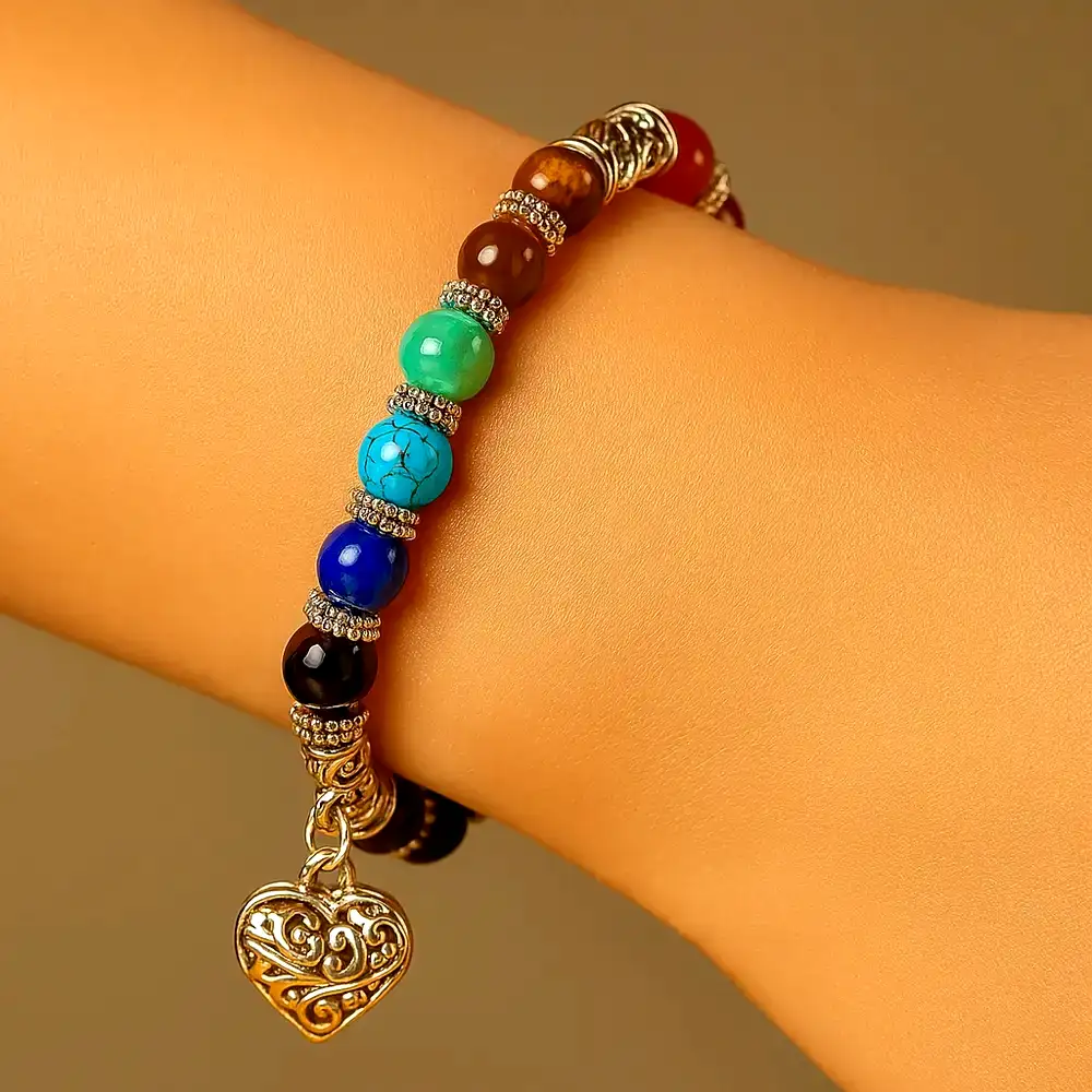 Brățară pietre de vindecare 7 chakre și inimă gravată