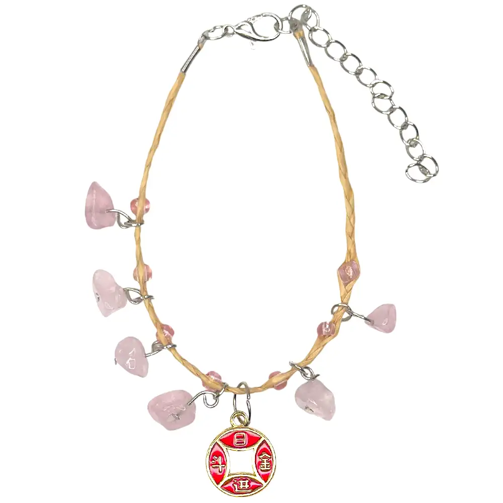 Brățară Boho Cuarț roz cu ideograma prosperității