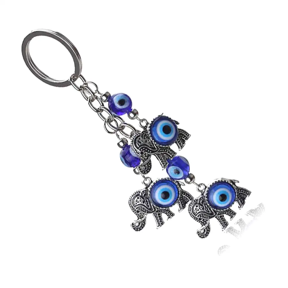 Breloc 3 elefanți cu trompa în sus si ochi albastru norocos