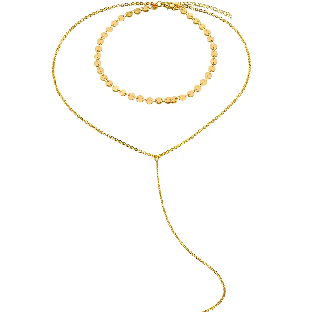 Choker colier dublu cu salba de banuti si lantisor lung cu pandantiv tip ac