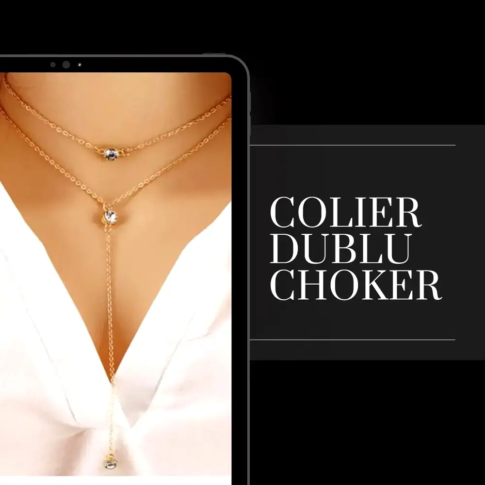 Colier dublu choker cu trei strasuri cristal elegant