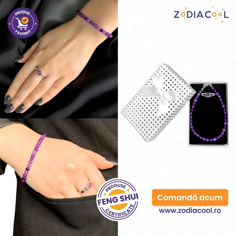 Set brățară și inel ametist ajustabile