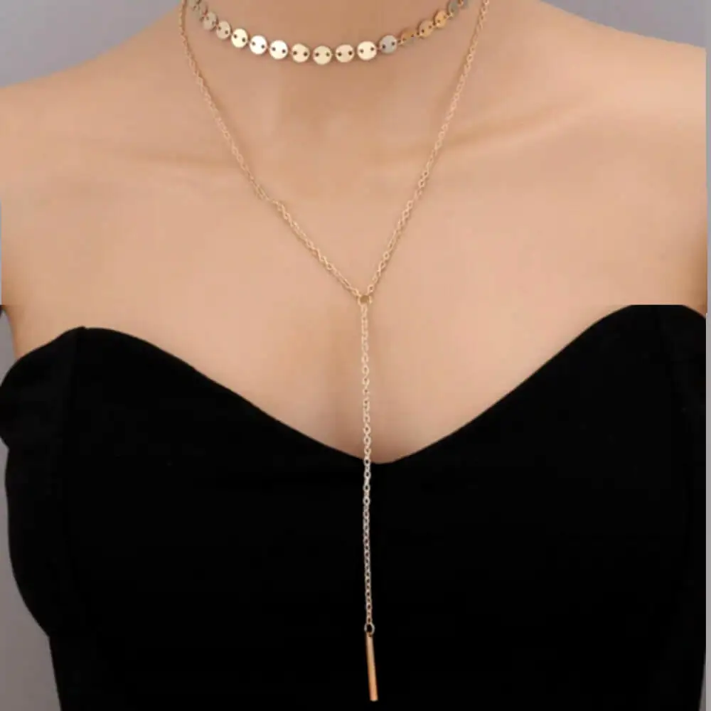 Choker colier dublu cu salba de banuti si lantisor lung cu pandantiv tip ac