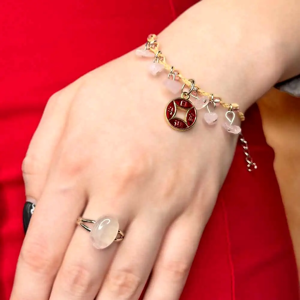 Set brățară Boho și inel Quartz Roz