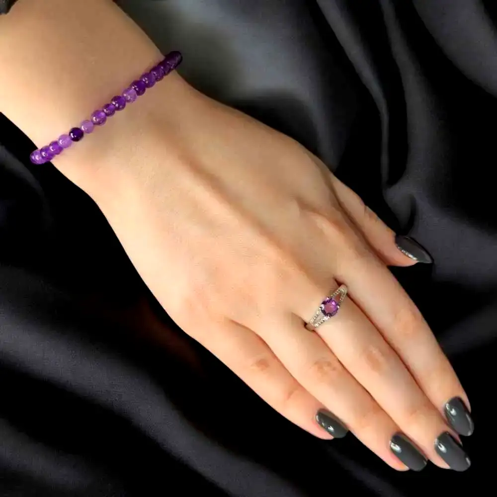 Set brățară și inel ametist ajustabile