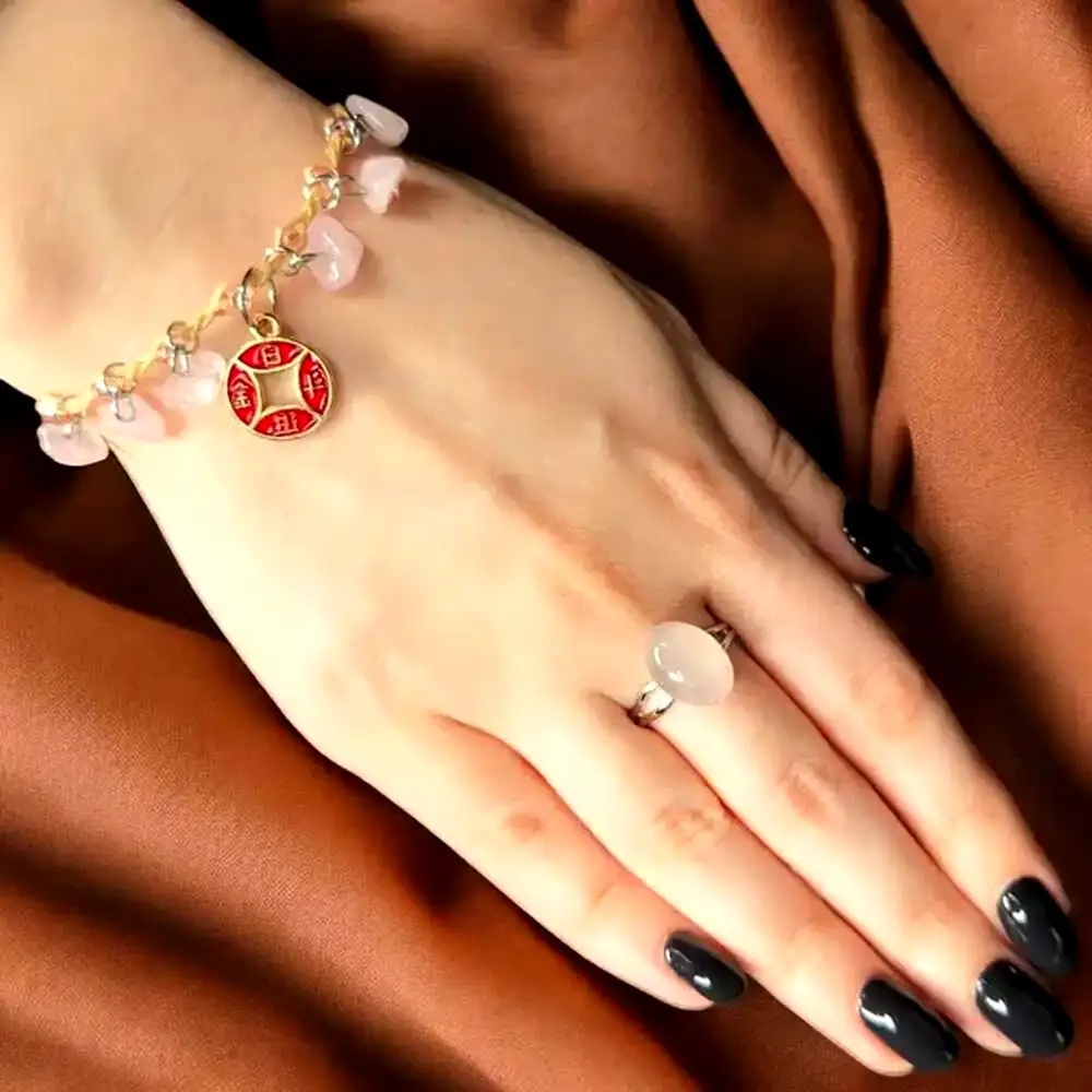 Set brățară Boho și inel Quartz Roz