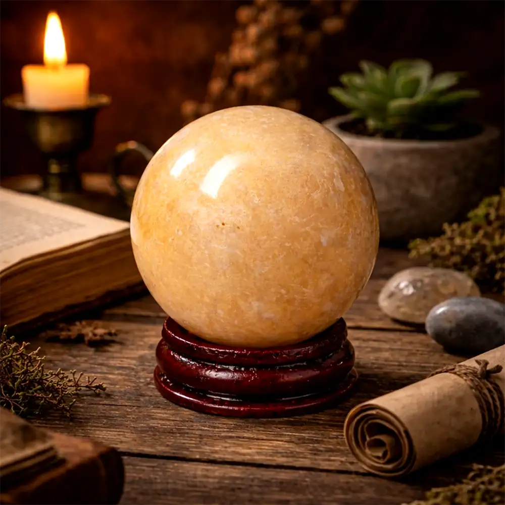 Set sfera piatra naturala calcit cu suport lemn
