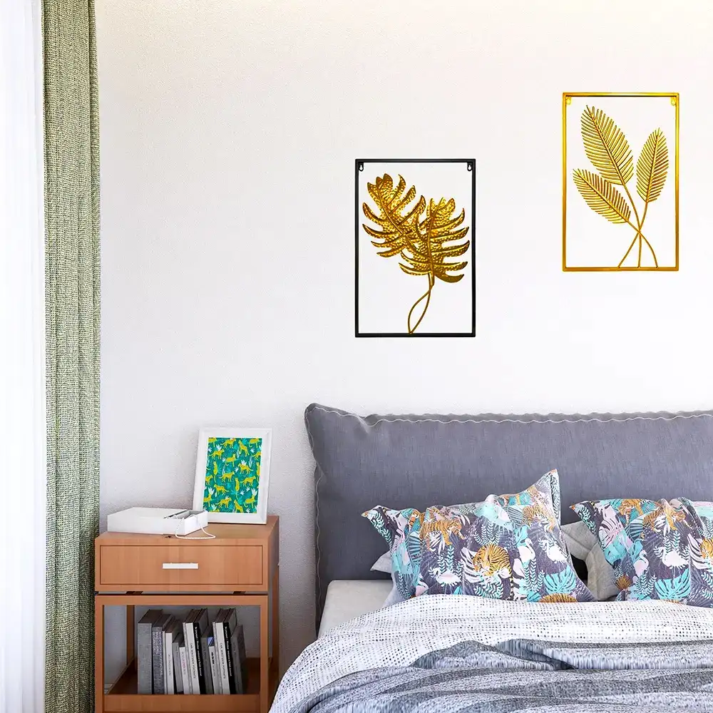 Tablou decorativ metalic cu 2 frunze palma