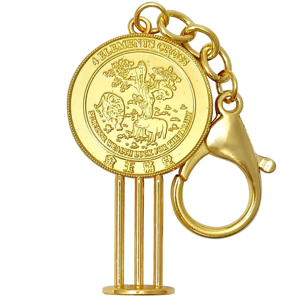 Breloc Bogăție Superioară, amuletă feng shui pentru activarea bunăstării familiei, metal solid auriu 12.5 cm
