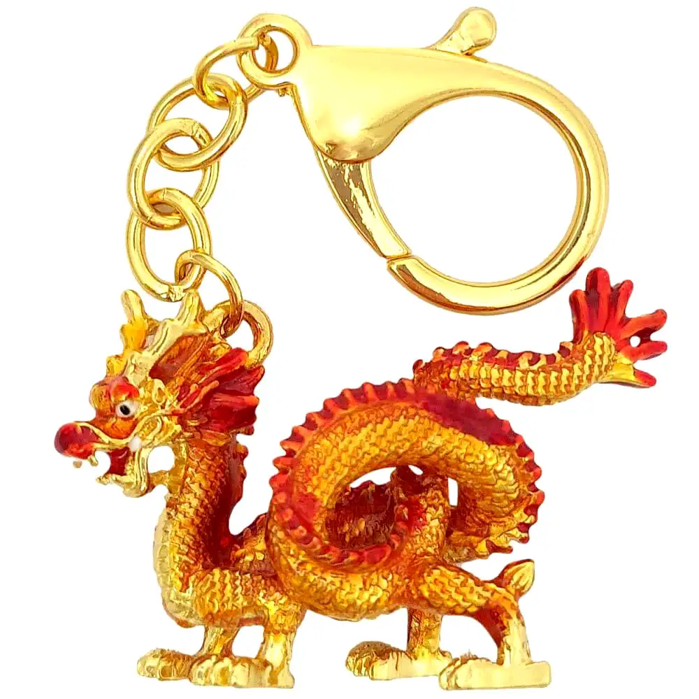 Breloc Dragonul cerului magic, amuletă feng shui pentru accelerarea succesului și atragerea bogăției, metal auriu 9,5 cm