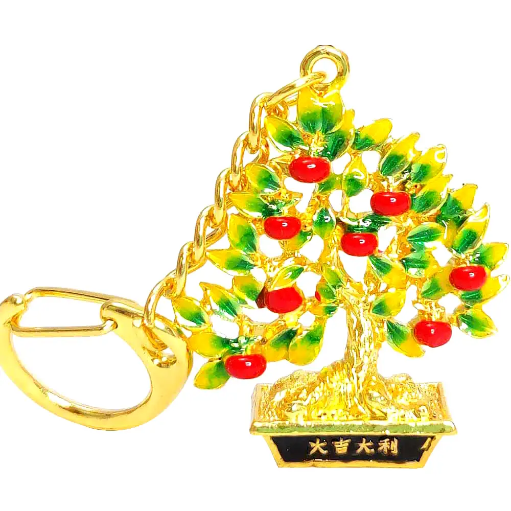 Breloc Copacul dorințelor cu lingou, amuletă feng shui pentru bani și prosperitate, metal multicolor 9.5 cm