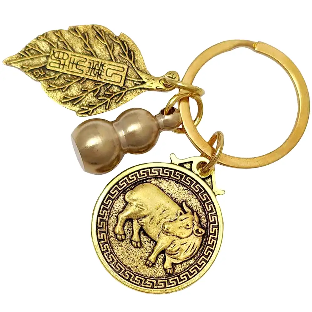 Breloc zodia Bivol cu WuLou, amuletă feng shui pentru sănătate și perseverență, metal solid auriu 6 cm Auriu