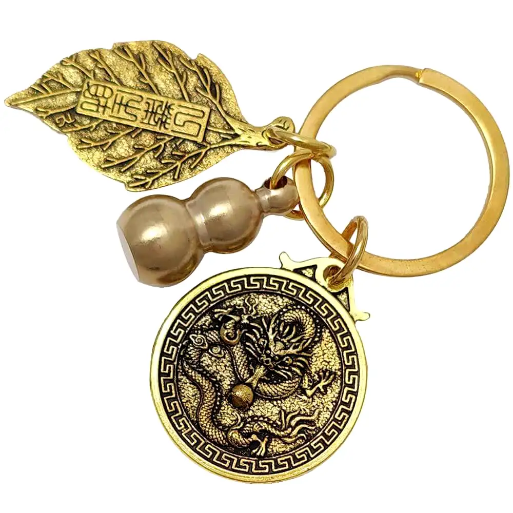 Breloc zodia Dragon cu Wu Lou, amuletă feng shui pentru sănătate și stabilității, metal solid auriu 6 cm Auriu
