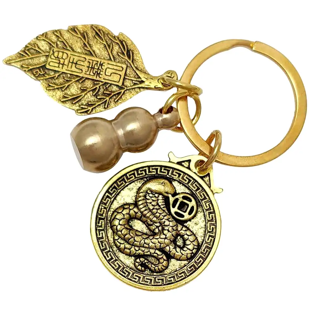 Breloc zodia Șarpe cu WuLou, amuletă feng shui pentru sănătate și protecție de accidente, metal solid auriu 6 cm Auriu