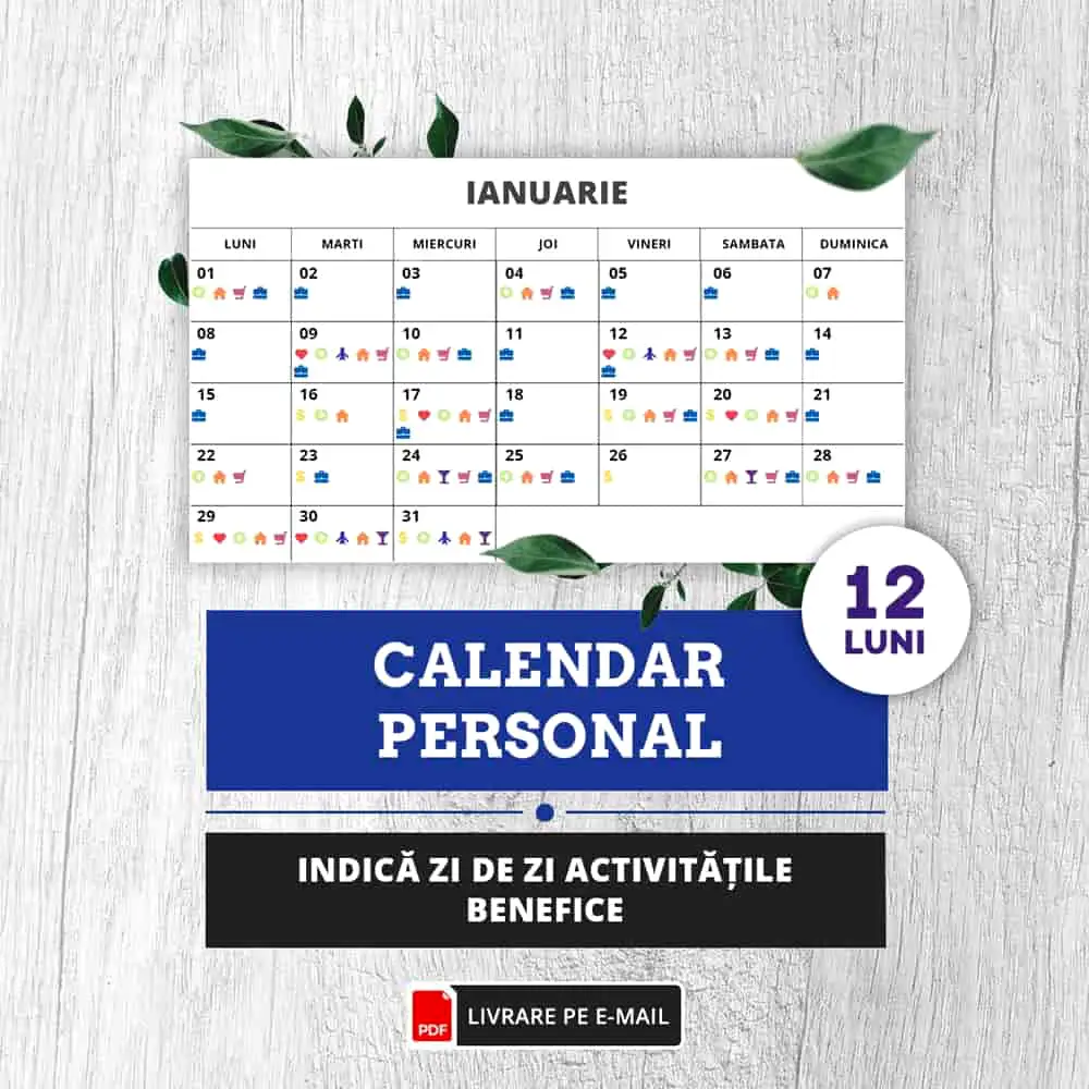 Calendar personal 12 luni, instrument util care indica zi de zi ce activitate este benefica