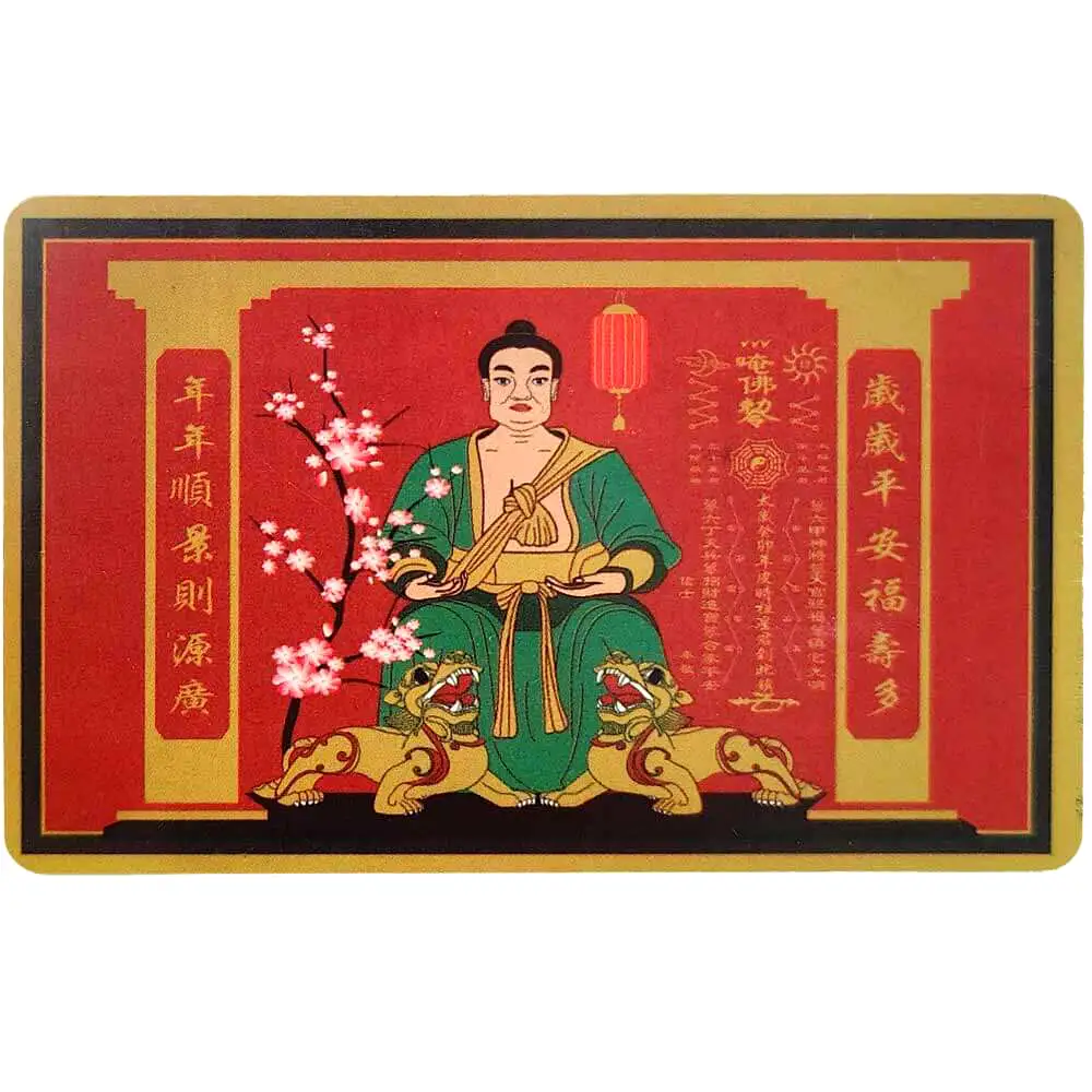 Card Tai Sui flori de piersic, amuletă feng shui 2023 pentru protecție împotriva energiilor negative, plastic roșu 8 cm