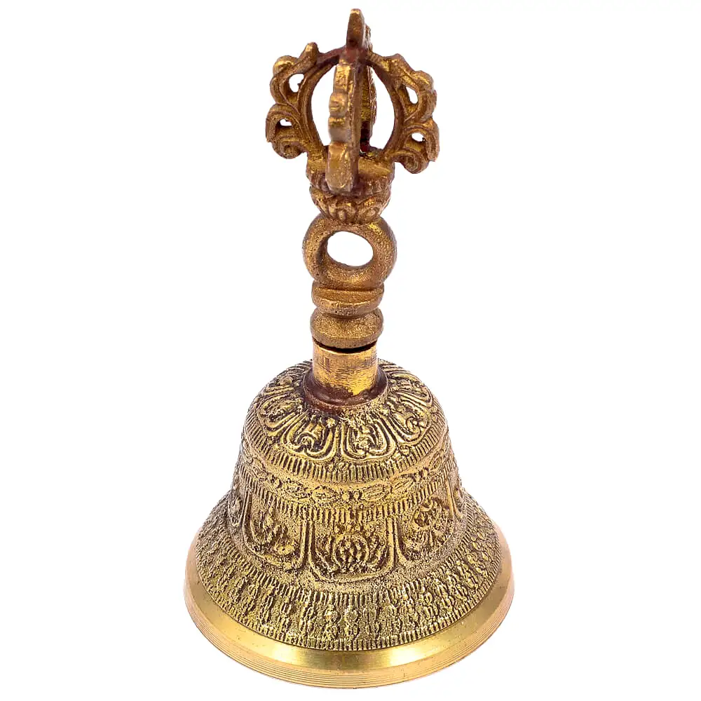 Clopot tibetan cu dublu dorje pentru energizare si purificarea spatiului, metal auriu vintage 14,5 cm