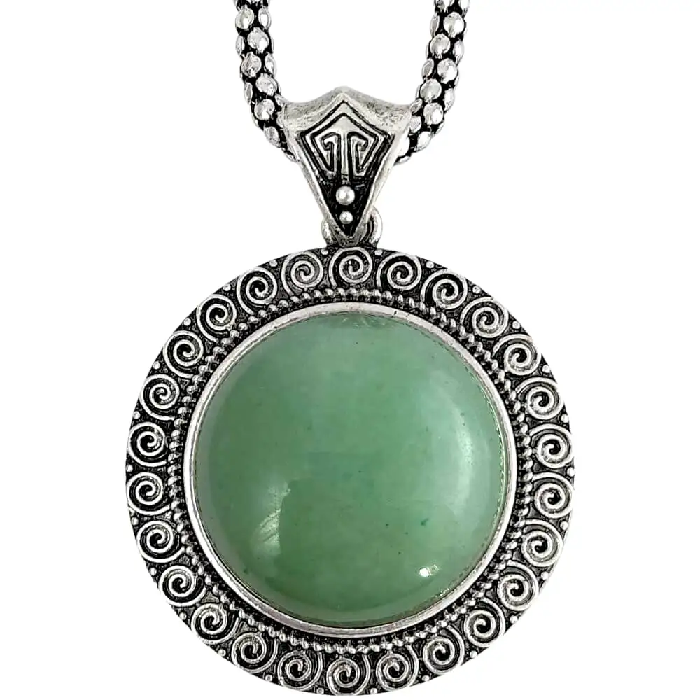 Colier aventurin rotund, pandantiv cu lantisor tip tennis argintiu ajustabil, piatra 3.5 cm verde