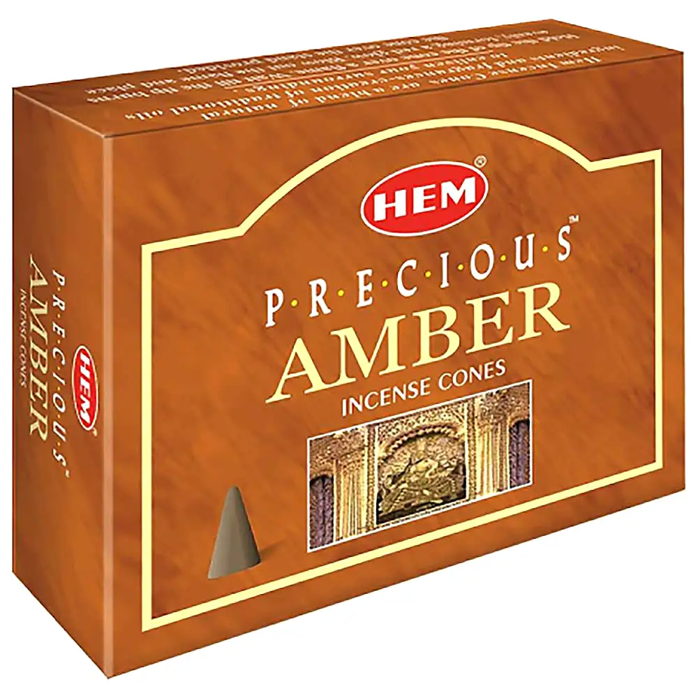 Conuri parfumate Ambra, gama profesionala HEM Mystic Amber pentru linistirea gandurilor, set 10 conuri (25g) aromaterapie cu suport metalic inclus