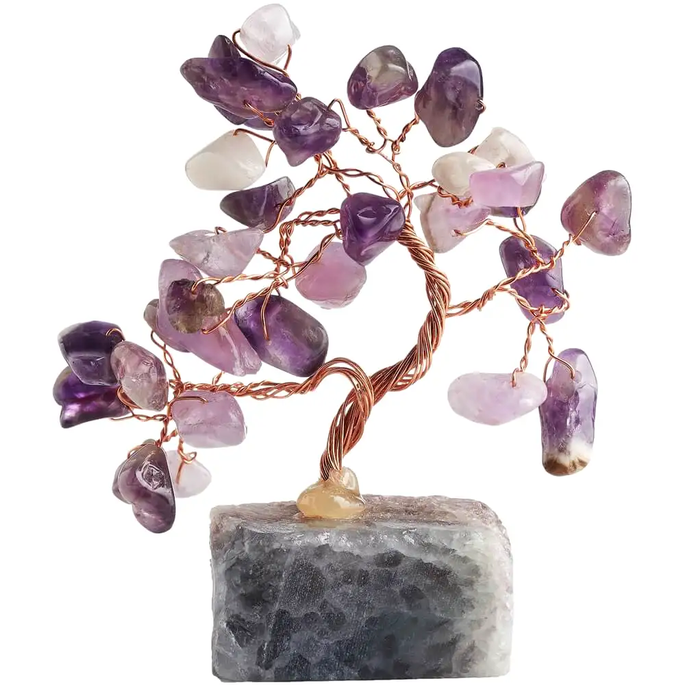 Copacei decorativi Ametist, piatra divinitatii si iubirii, copacel Feng Shui din cristale pe suport de piatra, 8 cm mov 