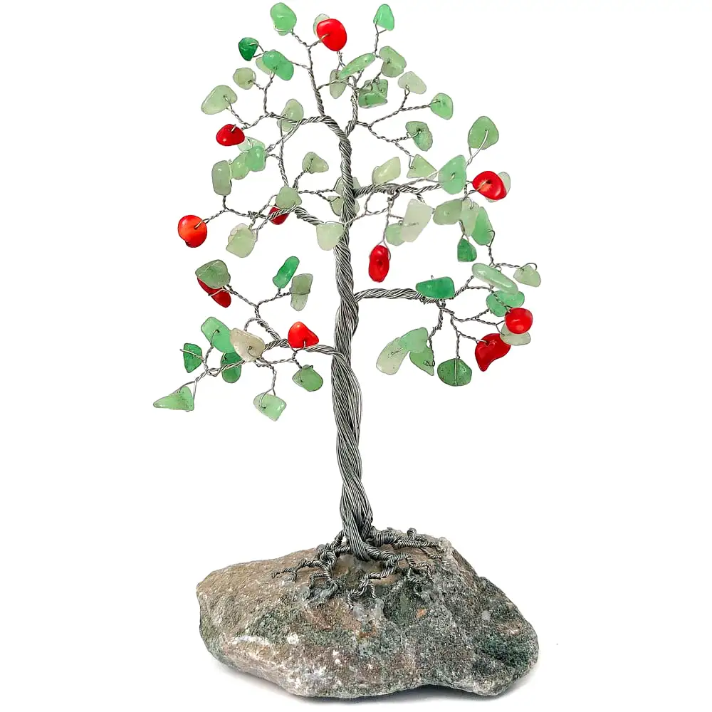 Copacei decorativi Aventurin si Carneol, pietre de protectie si noroc, copacel Feng Shui cristale pe suport piatra naturala, 14 cm verde cu rosu