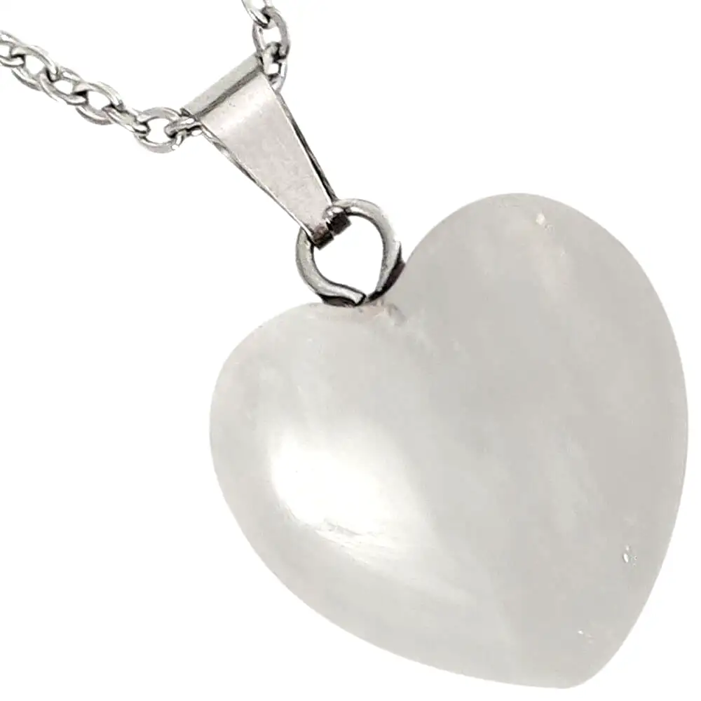 Pandantiv Cristal de Stâncă, piatra puterii și a norocului, colier cristal natural inimă alb 25 mm cu lănțișor inoxidabil