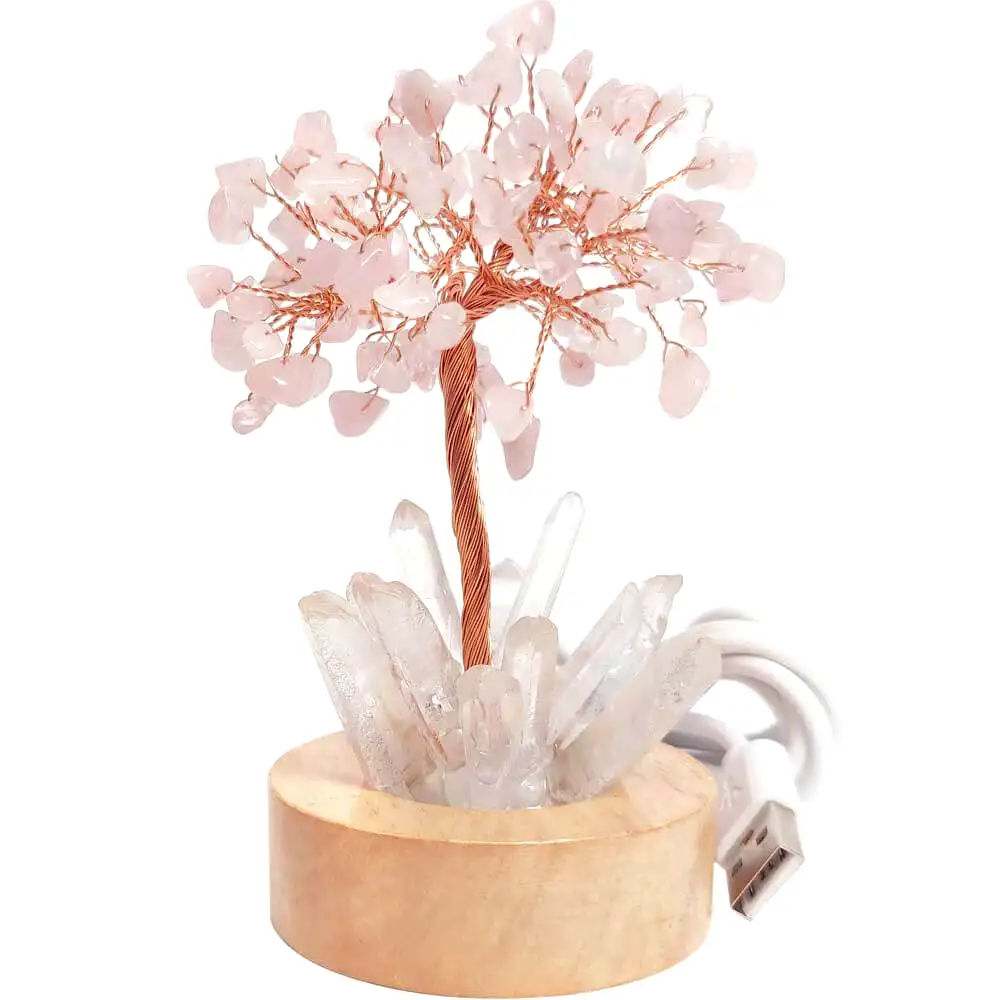 Copacel Cuart Roz cu lumina, pietre semipretioase pentru noroc in dragoste, obeliscuri cristal pe soclu lemn si cablu usb