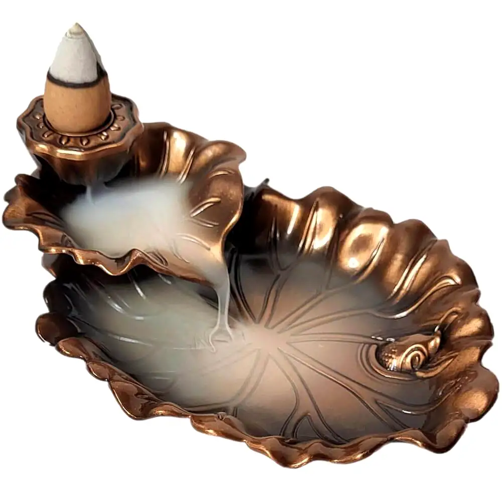 Fantana fum frunze de Lotus, suport conuri fumigene parfumate, metal bronz auriu