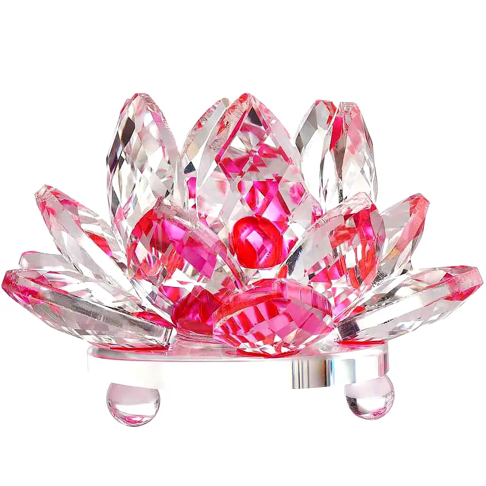 Lotus roz este o decoratiune din cristal de sticla tip nufar, amuleta feng shui pentru dragoste, armonie si echilibru, 8 cm