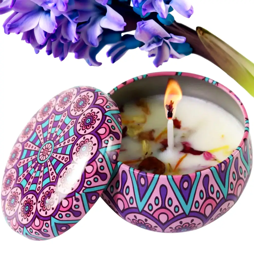 Lumanare parfumata naturala Zambile, Misty Violet cutie metal refolosibilă, mov Mov