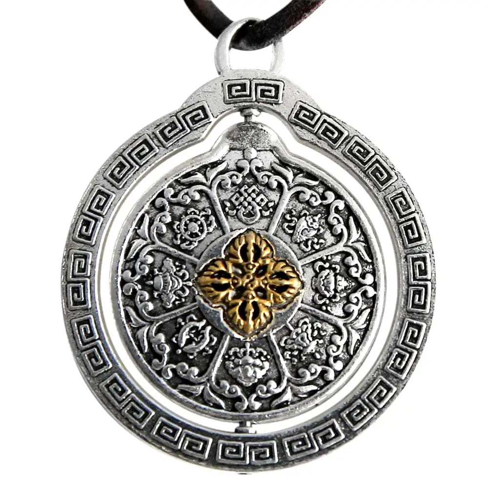 Pandantiv 8 simboluri norocoase, amuletă feng shui de bunăstare, colier cu șnur unisex argintiu