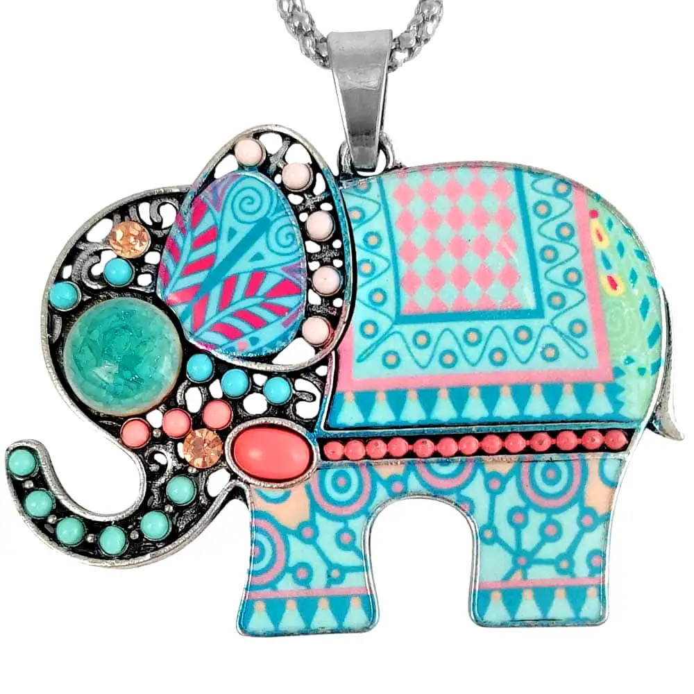 Colier Elefant cu trompa in sus, amuleta feng shui pentru noroc in dragoste si prosperitate, argintiu