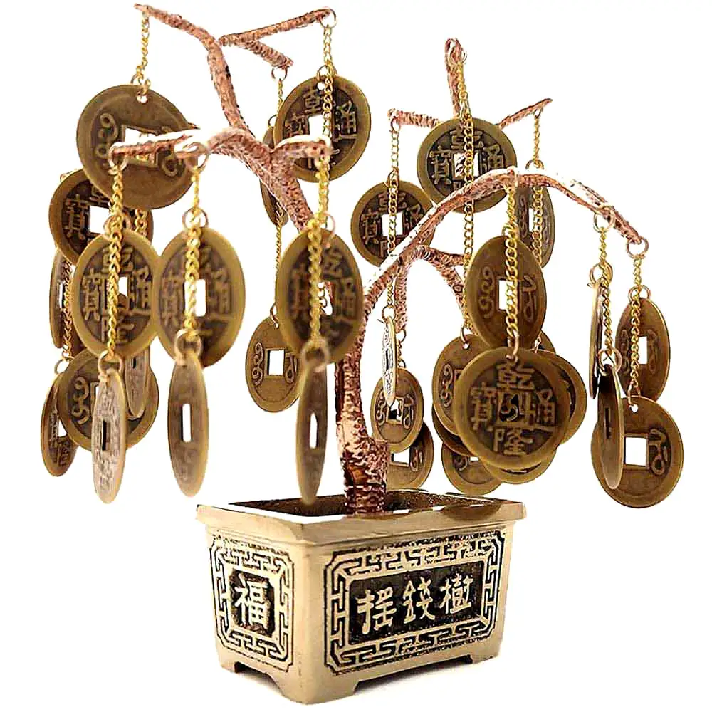 Copacei decorativi Pomul Abundentei cu monede chinezesti, copacul norocos Feng Shui pentru bunastare si bani, metal, 15 cm auriu