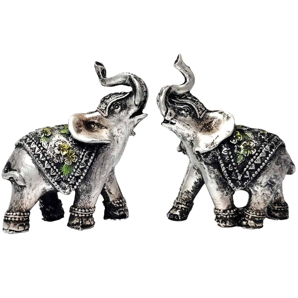 Pereche elefanți cu trompa în sus, obiect feng shui pentru reușite, rășină argintie
