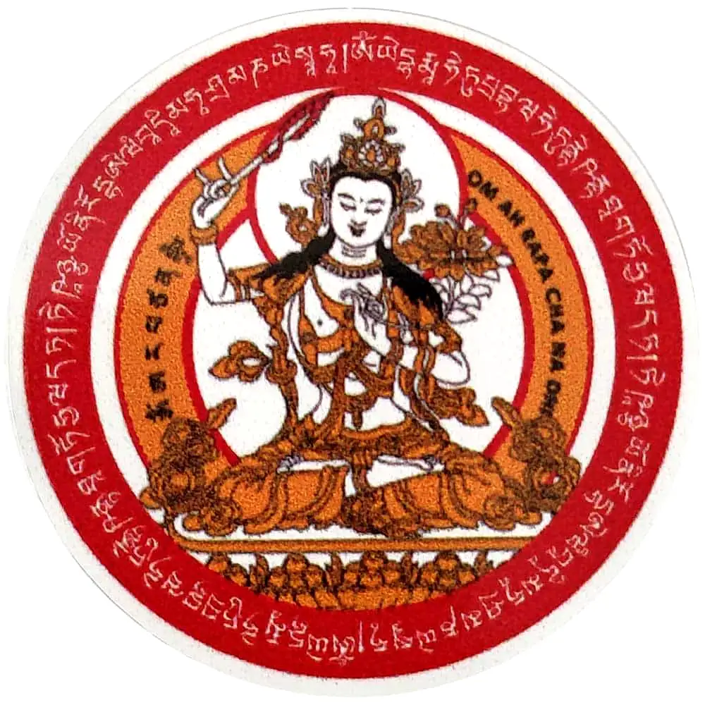 Sticker victorie Manjushri Buddha pentru succes la examene si cariera, autocolant rosu 5 cm