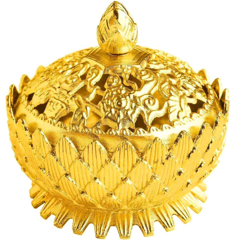 Vasul Abundentei, obiect feng shui cu lotus si 8 simboluri norocoase, pentru atragerea banilor, metal auriu Auriu