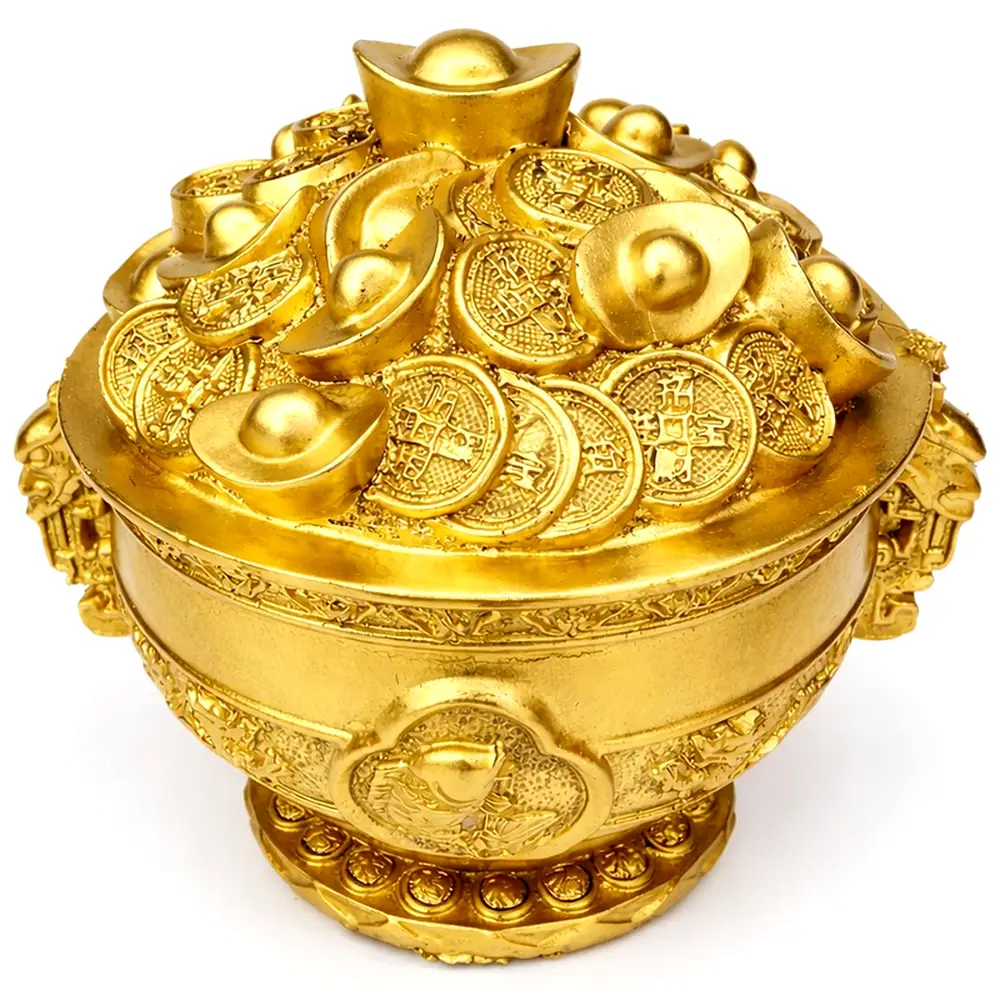 Vasul abundentei feng shui cu monede pepite