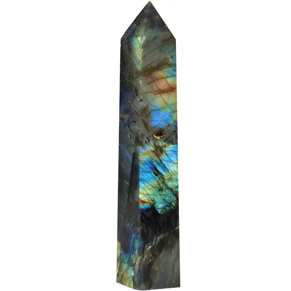 Obelisc cristal Labradorit, piatra semipretioasa care stimuleaza intuitia si originalitatea, turn decor multicolor 8 - 12cm, 60g