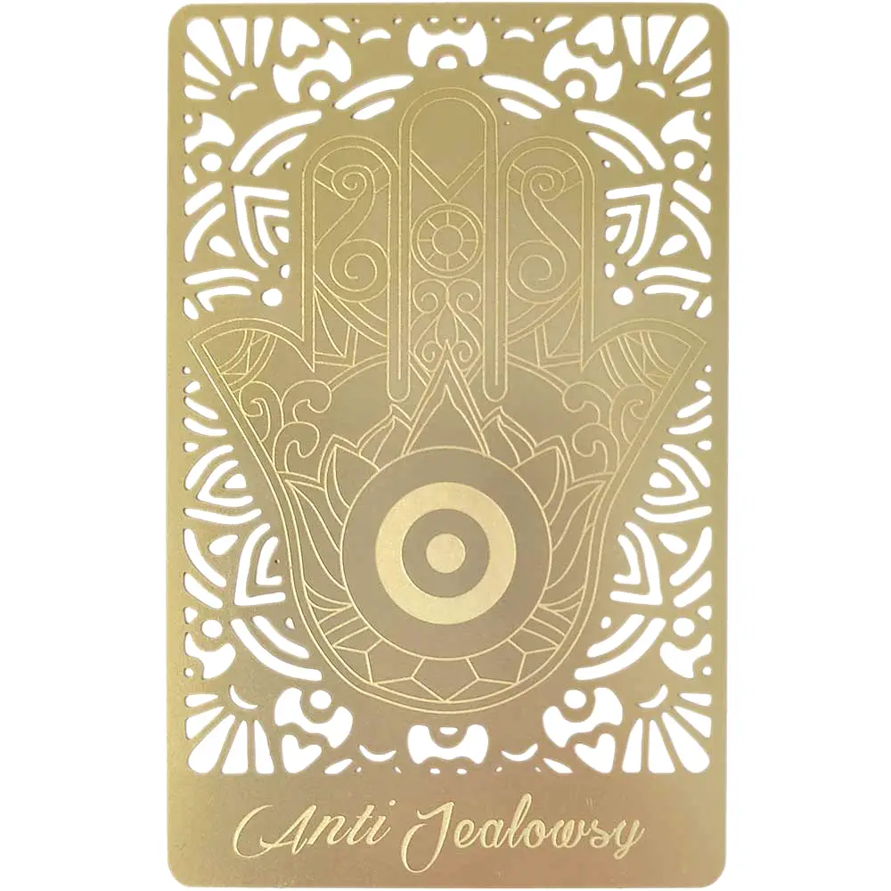 Amuleta contra geloziei, card mana Fatimei si ochi magic norocos, metalic auriu 8.5 cm