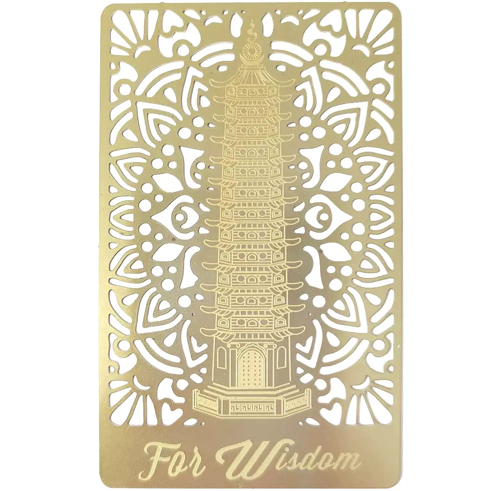 Cardul intelepciunii cu pagoda cu 13 nivele, amuleta pentru creativitate si potentarea talentului cu mantre, metalic auriu