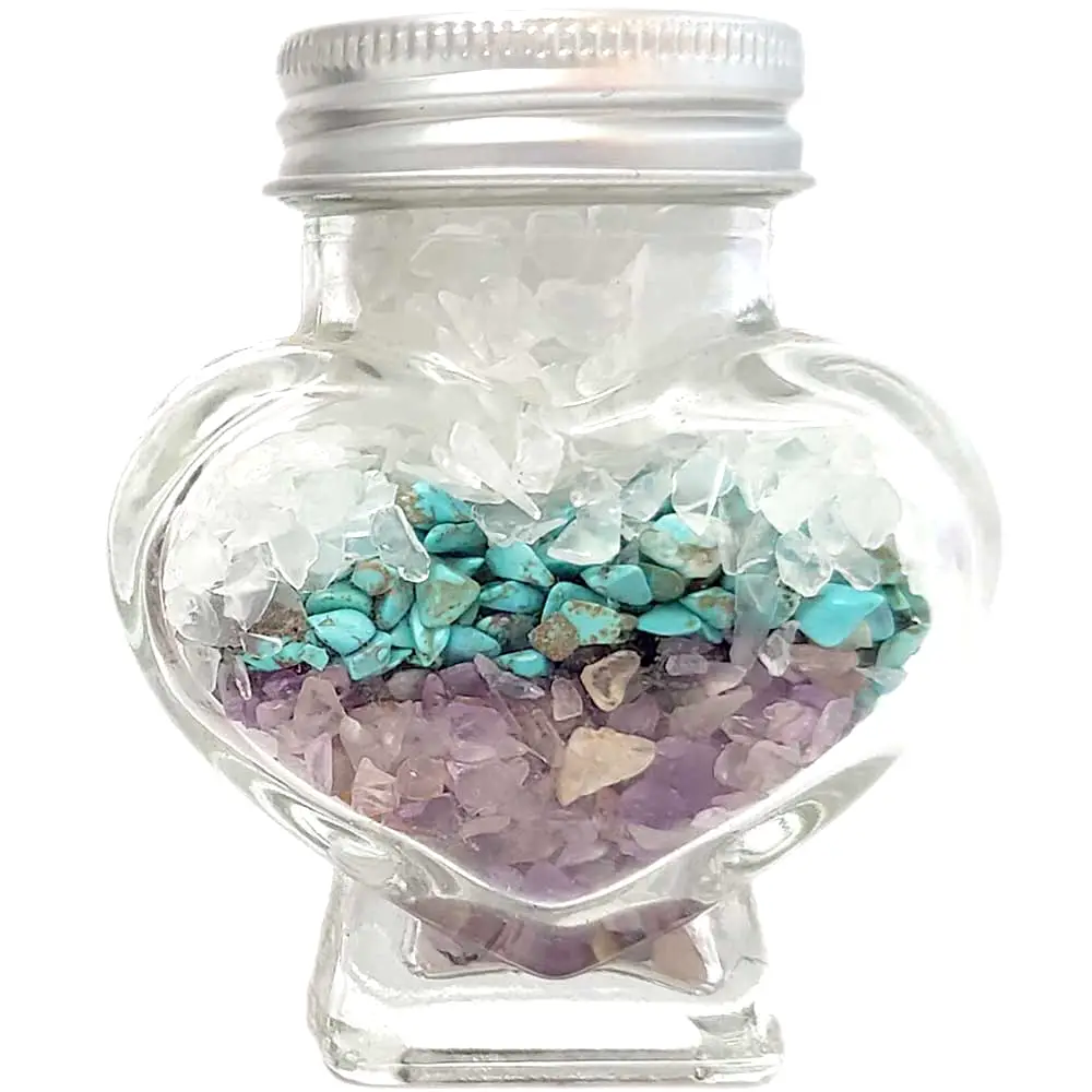 Pietre semipretioase Ametist, Turcoaz si Cristal de Stanca, borcan in forma de inima, 245 g
