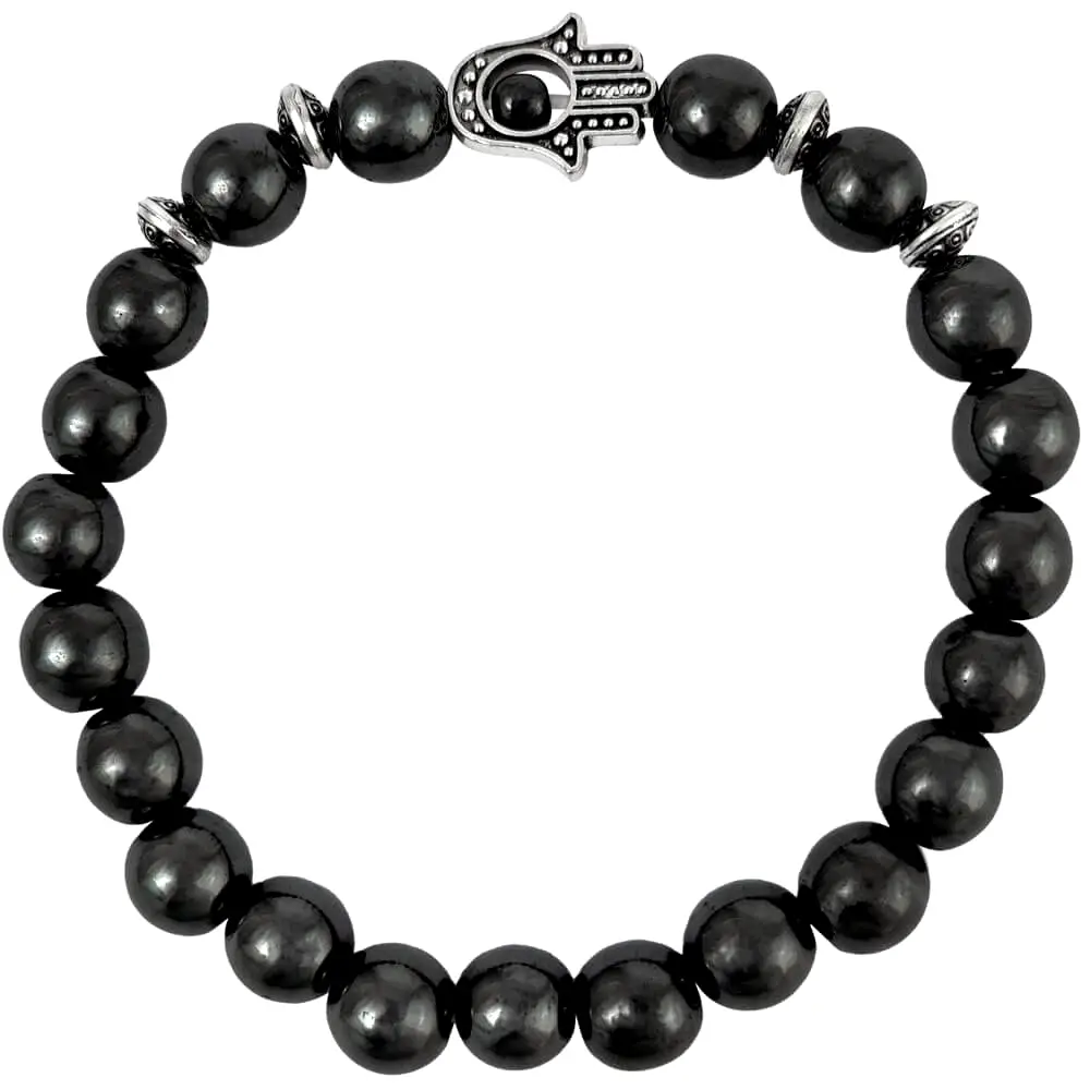 Bratara din piatra de Hematit cu mana Fatimei, talisman cu rol de protectie, elastica, 9 cm negru
