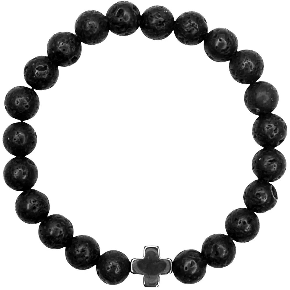Bratara roca vulcanica lava si cruciulita hematit, femei si barbati, elastic