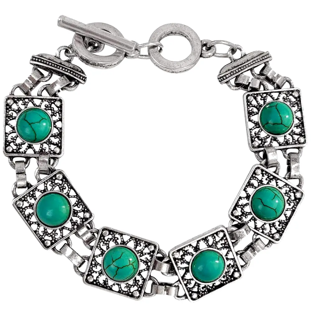 Bratara 6 pietre Turcoaz, piatra verde montate patrat metal argintiu, incuietoare toggle reglabila