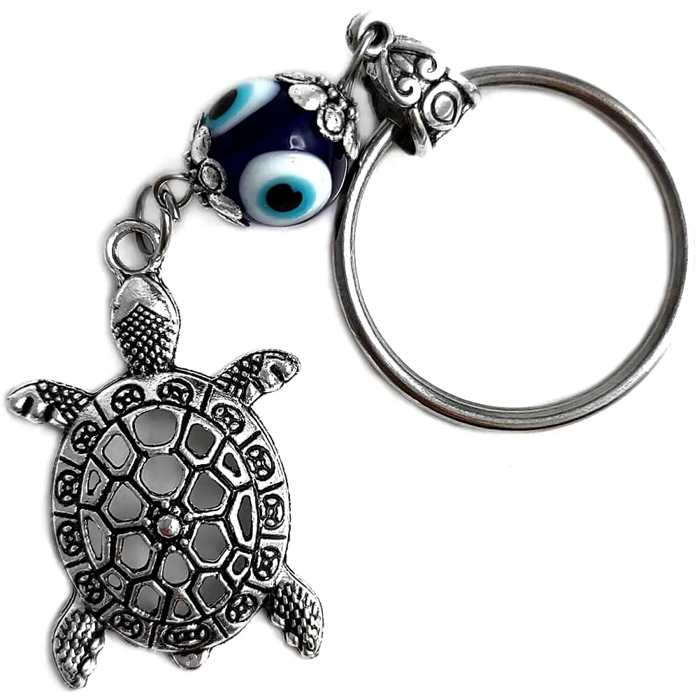Breloc Broasca țestoasă și Ochiul magic norocos, amuletă feng shui pentru protecție de dezechilibru și instabilitate, metal argintiu 9.5 cm